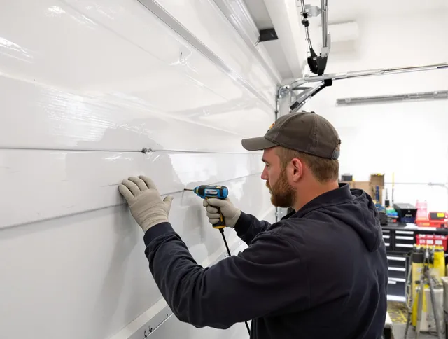Wallingford Center Garage Door Repair technician demonstrating precision dent removal techniques on a Wallingford Center garage door