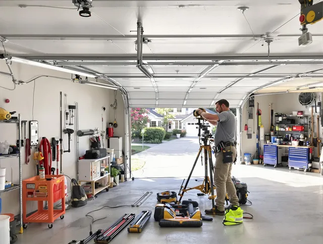 Wallingford Center Garage Door Repair specialist performing laser-guided track alignment in Wallingford Center